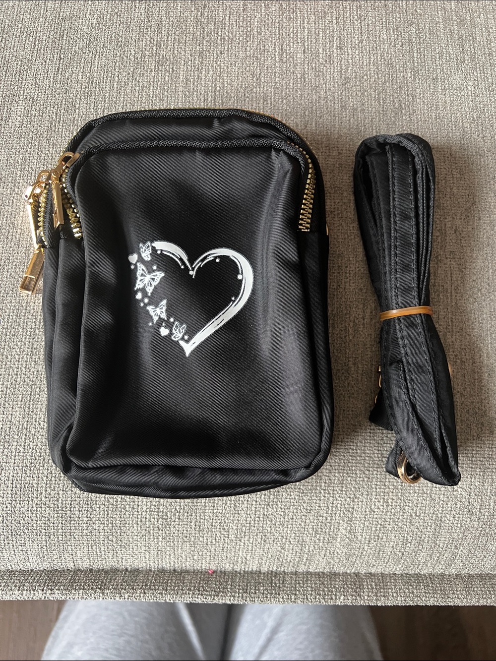 Black Heart Crossbody Bag with Butterfly Accent